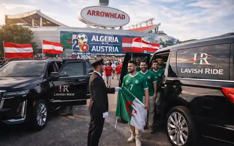 Algeria vs Austria World Cup 2026 match at Arrowhead Stadium in Kansas City, Algerian fans arriving with national flags as a chauffeur assists them from Lavish Ride luxury black SUVs including a Cadillac Escalade and Lincoln Navigator.